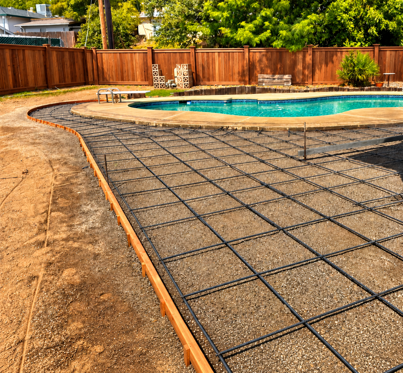 Backyard pool and surrounding concrete deck under renovation.